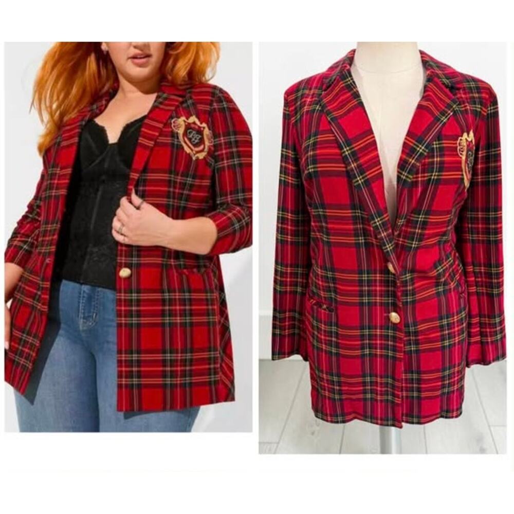 Torrid 3 (3X 22/24) Betsey Johnson Red Plaid Longline Blazer Lightweight Ponte